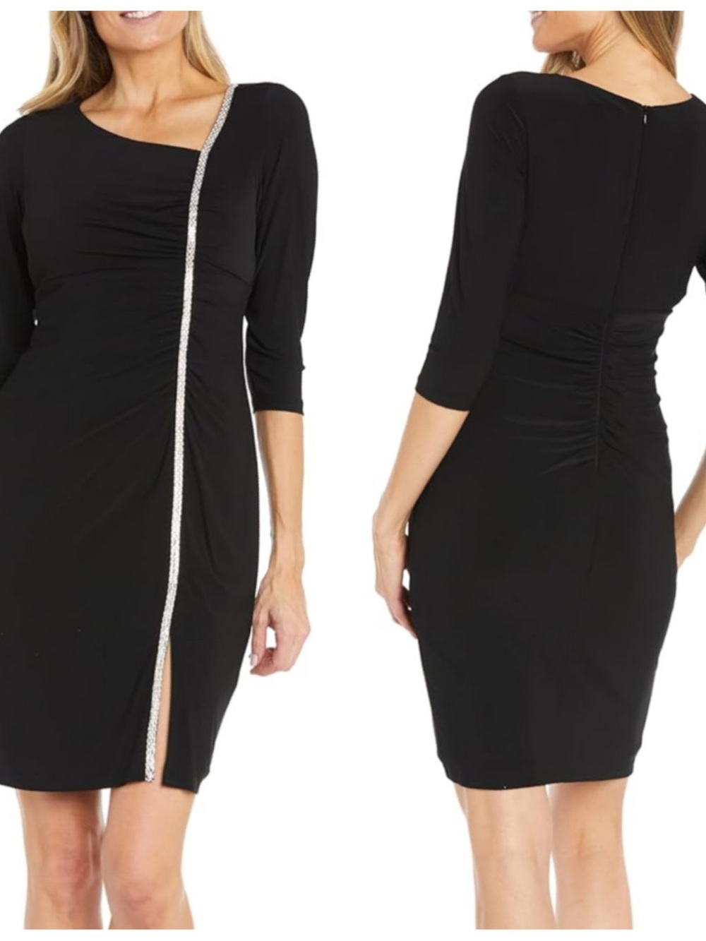 R&M Richards Black Midi Dress with Diagonal Rhinestone Trim